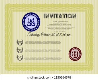 Yellow Retro invitation template. Cordial design. Complex background. Detailed. 