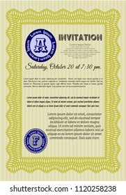 Yellow Retro invitation template. Detailed. With great quality guilloche pattern. Retro design. 