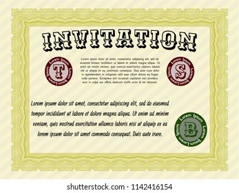 Yellow Retro invitation template. Detailed. With guilloche pattern. Artistry design. 