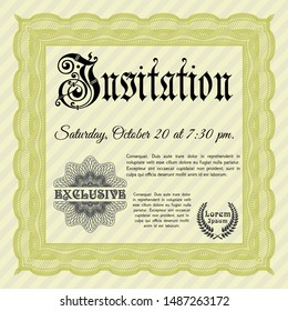 Yellow Retro invitation template. Detailed. With guilloche pattern and background. Money design. 