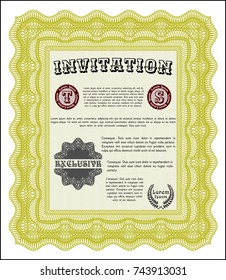 Yellow Retro invitation template. Easy to print. Detailed. Money Pattern. 