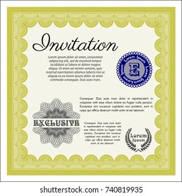 Yellow Retro invitation template. Excellent design. Vector illustration. With guilloche pattern and background. 
