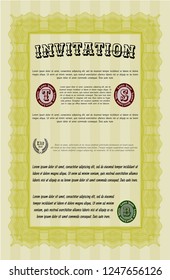 Yellow Retro invitation template. Good design. With linear background. Detailed. 