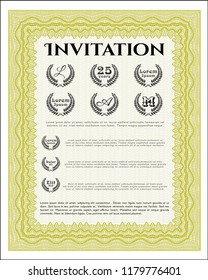 Yellow Retro invitation template. With great quality guilloche pattern. Vector illustration. Cordial design. 