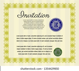 Yellow Retro invitation template. With great quality guilloche pattern. Detailed. Superior design. 