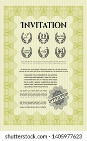 Yellow Retro invitation template. With great quality guilloche pattern. Detailed. Money Pattern. 