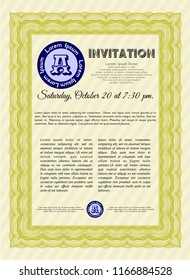 Yellow Retro invitation template. With guilloche pattern. Detailed. Money Pattern. 