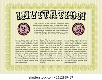 Yellow Retro invitation template. With guilloche pattern and background. Customizable, Easy to edit and change colors. Money Pattern. 