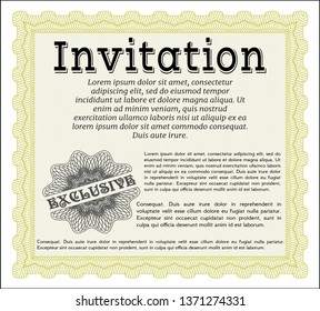 Yellow Retro invitation template. Modern design. With great quality guilloche pattern. Customizable, Easy to edit and change colors. 