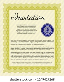 Yellow Retro invitation template. Money style design. Vector illustration. With guilloche pattern and background. 