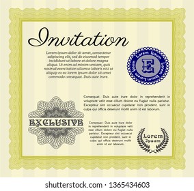 Yellow Retro invitation template. Money style design. Vector illustration. With complex linear background. 