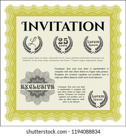 Yellow Retro invitation template. Nice design. Customizable, Easy to edit and change colors. With guilloche pattern. 
