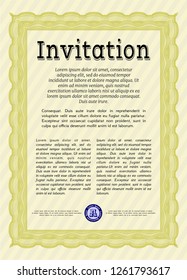 Yellow Retro invitation template. Nice design. Vector illustration. With complex linear background. 