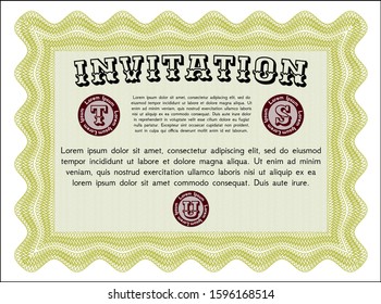 Yellow Retro invitation template. Nice design. Detailed. With guilloche pattern. 