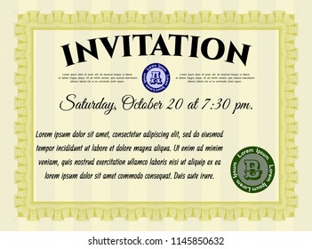 Yellow Retro invitation template. Perfect design. Vector illustration. With great quality guilloche pattern. 
