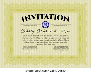 Yellow Retro invitation template. Perfect design. Vector illustration. With guilloche pattern. 