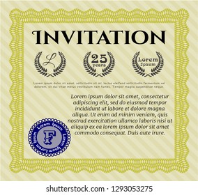 Yellow Retro invitation template. Printer friendly. Excellent design. Detailed. 