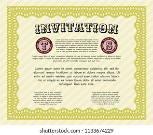 Yellow Retro invitation template. Vector illustration. With guilloche pattern and background. Money Pattern. 