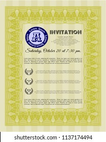 Yellow Retro invitation template. Vector illustration. With complex background. Money Pattern. 