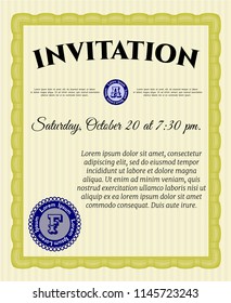 Yellow Retro invitation template. Vector illustration. With linear background. Money Pattern. 