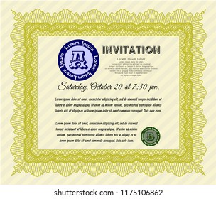 Yellow Retro invitation template. Vector illustration. With guilloche pattern and background. Artistry design. 