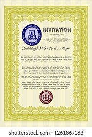 Yellow Retro invitation template. Vector illustration. With great quality guilloche pattern. Money design. 