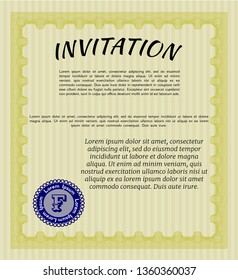 Yellow Retro invitation template. Vector illustration. With great quality guilloche pattern. Money Pattern. 