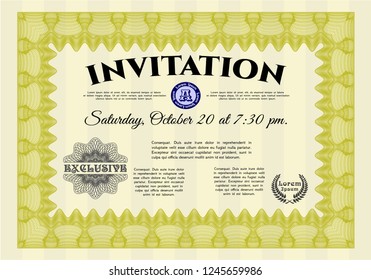 Yellow Retro invitation. Vector illustration. With guilloche pattern and background. Elegant design. 