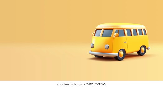 Gelber Retro-Minibus, 3D. Auf gelbem Hintergrund, für Werbung, Reisen, Freizeit, Genuss und Lifestyle-Konzepte. Vektorgrafik