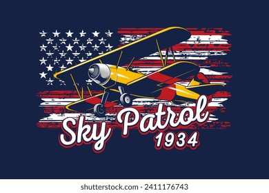 yellow retro plane with flag in the background, for t-shirt design