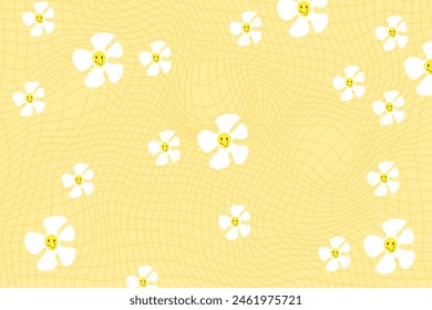 Yellow retro psychedelic checkerboard pattern with white daisy flowers. Groovy funky textures. Stock vector illustration in flat style.