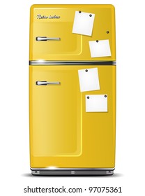 Yellow retro refrigerator with paper stickies for your messages