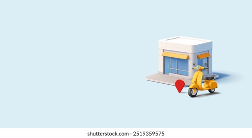 Yellow retro scooter, motorcycle, shop building, location icon, 3D. Banners for city store concepts, convenient transportation, services, and products. Vector