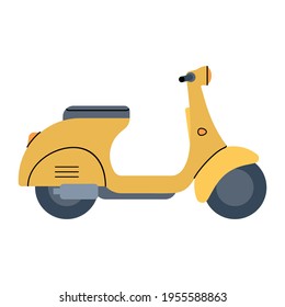 Yellow retro scooter. Transport for fast delivery. Electric moped. Vector illustration in flat style on white isolated background.