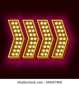 Yellow retro sign with lights. Vintage neon lights and arrows with pink light on a black background. Vector illustration