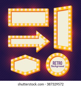 Yellow retro signs. Neon Night frame. Vintage backgrounds. Empty space for text. Pointers in retro style. Yellow three-dimensional framework. Bright lamp perimeter. Vector illustration