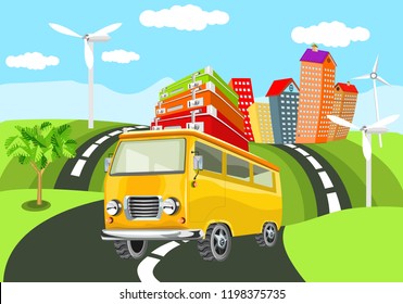  Yellow retro style Mini bus on the road, travel concept illustration