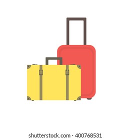 Yellow retro suitcase with buckles and straps and a modern red suitcase on wheels for traveling and business trips. Vector.