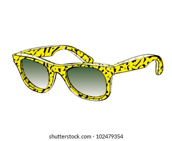 Yellow Retro Sunglasses With Pattern Doodle isolated on white background