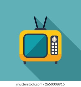 Yellow retro television with antenna, flat design, long shadow