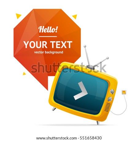 Yellow Retro TV with Abstract Geometric Bubble Speech Web Design Element for Retail. Vector illustration