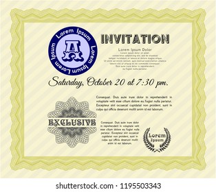 Yellow Retro vintage invitation. With complex linear background. Sophisticated design. Detailed. 