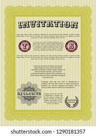 Yellow Retro vintage invitation. Detailed. With complex background. Money Pattern design. 