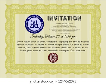 Yellow Retro vintage invitation. Excellent design. Customizable, Easy to edit and change colors. With great quality guilloche pattern. 