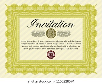 Yellow Retro vintage invitation. With great quality guilloche pattern. Customizable, Easy to edit and change colors. Money design. 