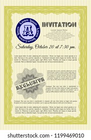 Yellow Retro vintage invitation. With great quality guilloche pattern. Nice design. Customizable, Easy to edit and change colors. 