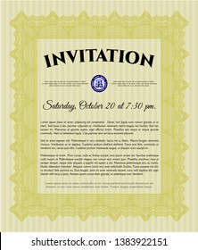 Yellow Retro vintage invitation. With great quality guilloche pattern. Money Pattern design. Detailed. 