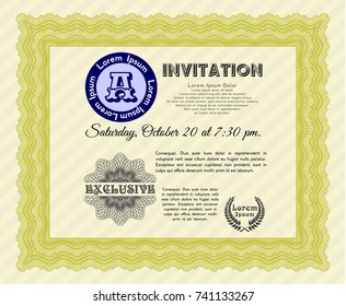 Yellow Retro vintage invitation. With great quality guilloche pattern. Customizable, Easy to edit and change colors. Money Pattern. 
