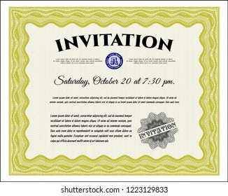 Yellow Retro vintage invitation. With guilloche pattern and background. Beauty design. Customizable, Easy to edit and change colors. 