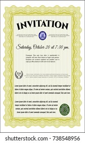 Yellow Retro vintage invitation. With guilloche pattern and background. Detailed. Retro design. 